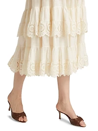 Lucky Embroidered Tiered Cotton Midi-Skirt