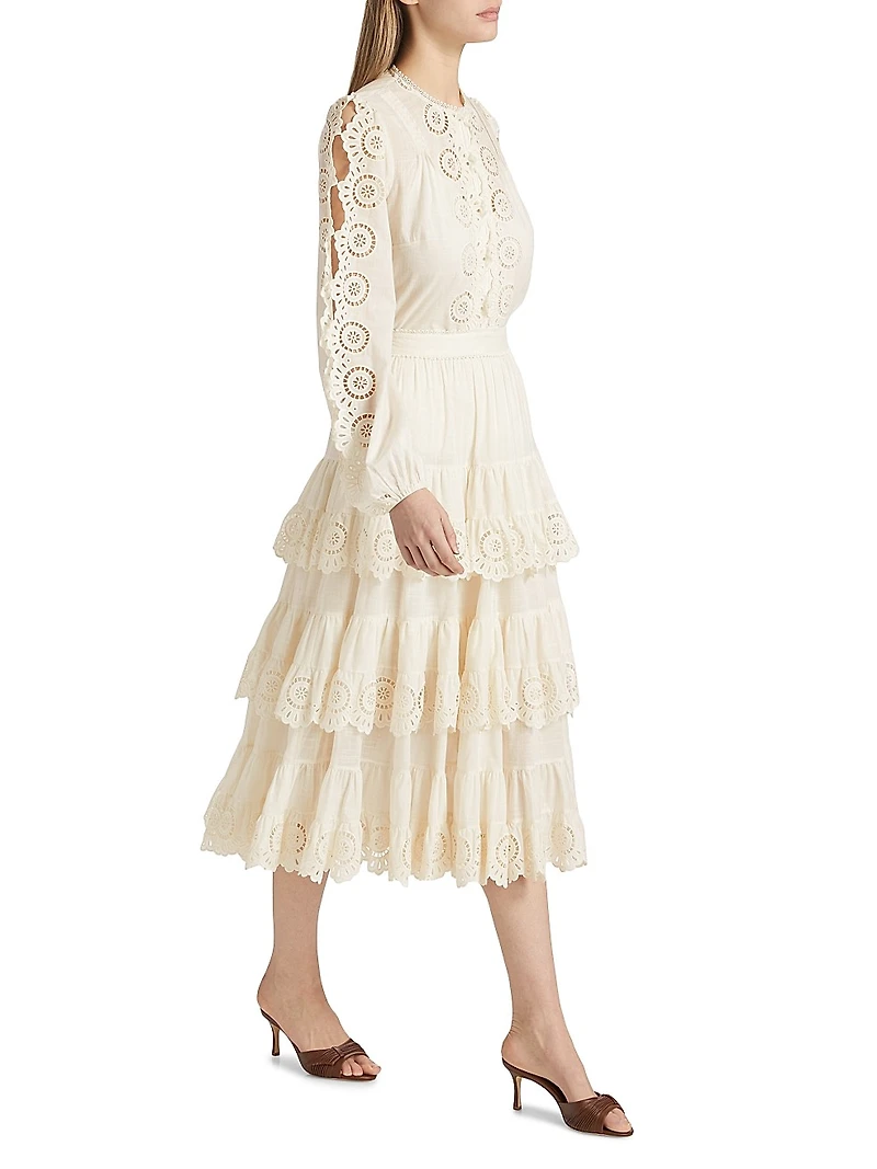 Lucky Embroidered Tiered Cotton Midi-Skirt