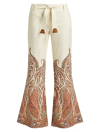 Rhiannon Paisley Linen Tie-Waist Flared Pants