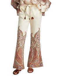 Rhiannon Paisley Linen Tie-Waist Flared Pants