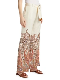 Rhiannon Paisley Linen Tie-Waist Flared Pants