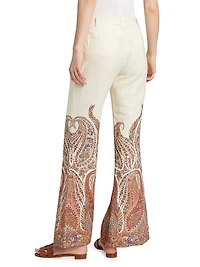 Rhiannon Paisley Linen Tie-Waist Flared Pants