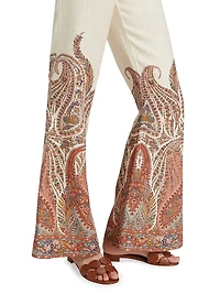Rhiannon Paisley Linen Tie-Waist Flared Pants