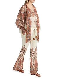 Rhiannon Paisley Linen Tie-Waist Flared Pants