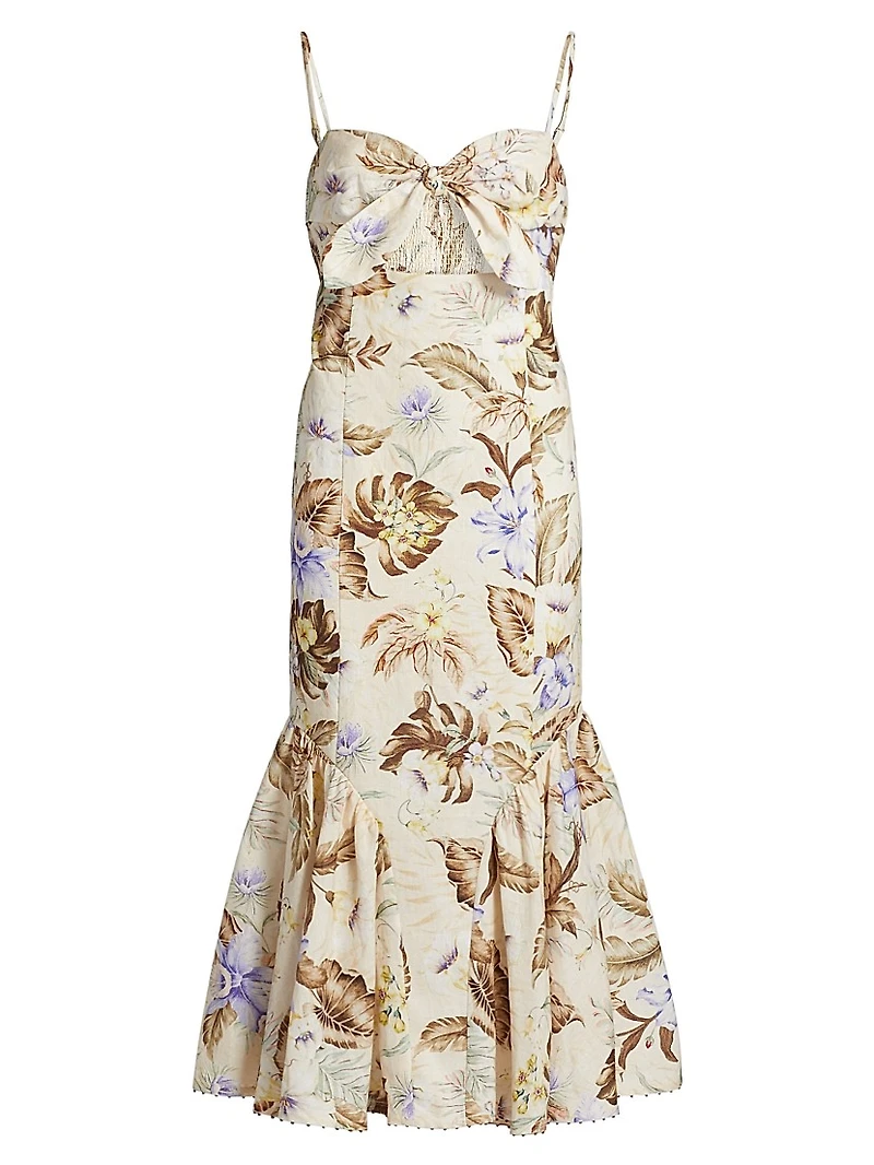 Coco Leaf-Printed Linen Midi-Dress