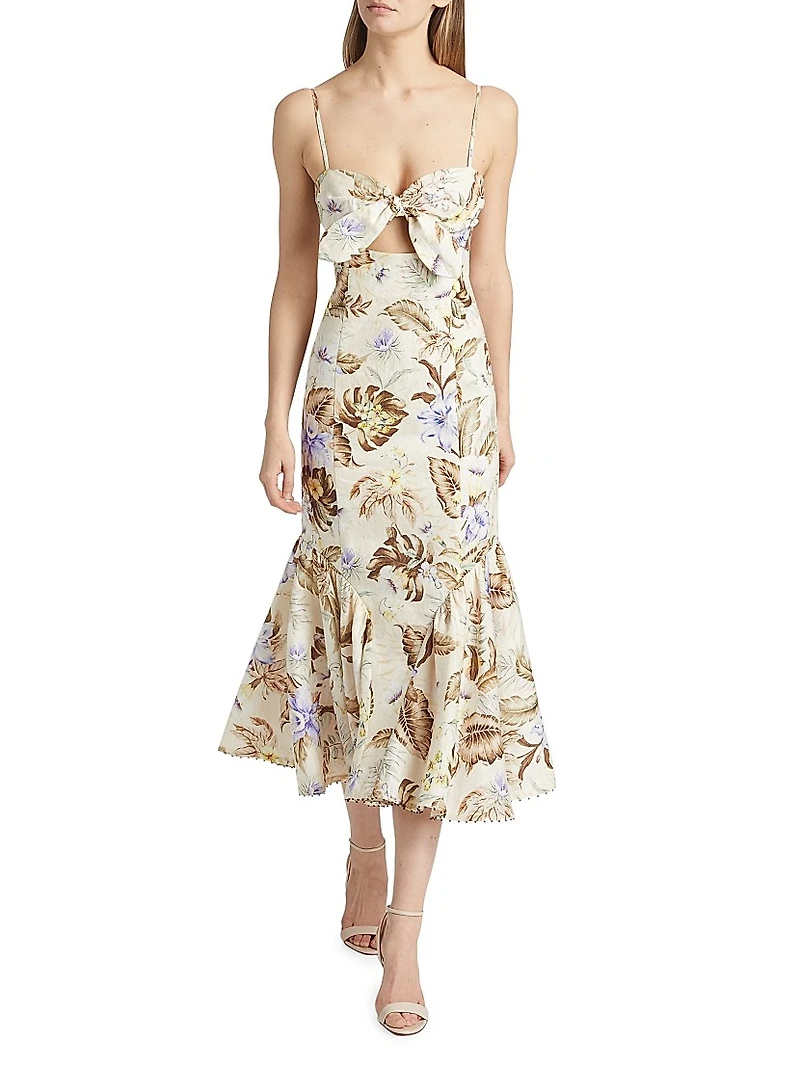 Coco Leaf-Printed Linen Midi-Dress