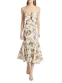 Coco Leaf-Printed Linen Midi-Dress