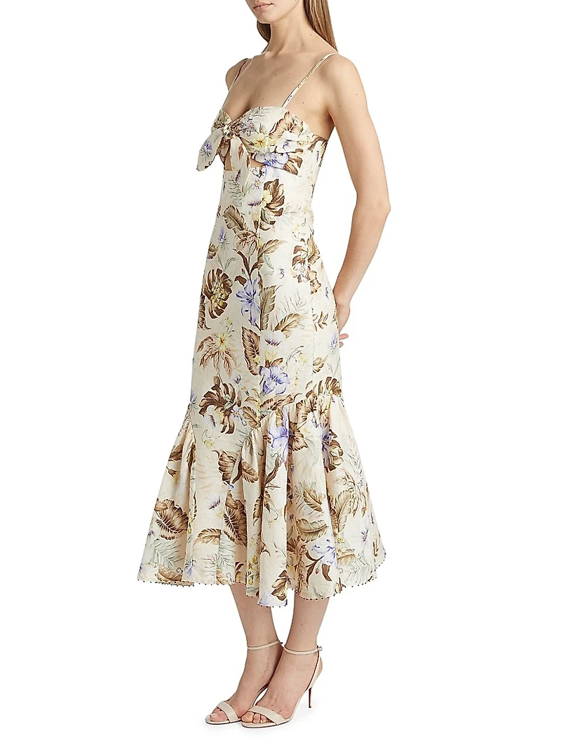 Coco Leaf-Printed Linen Midi-Dress