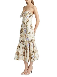 Coco Leaf-Printed Linen Midi-Dress