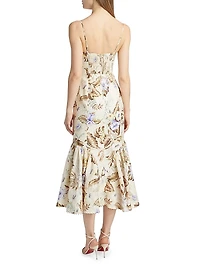 Coco Leaf-Printed Linen Midi-Dress