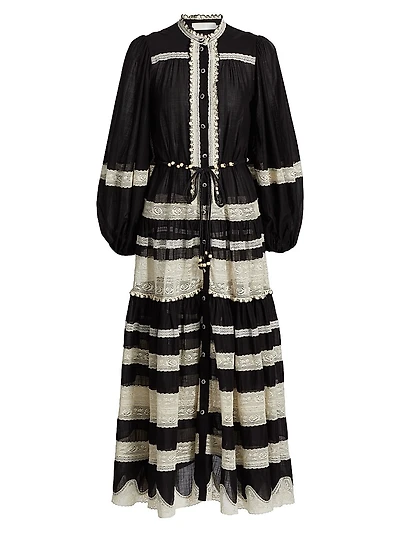 Rhiannon Lace Billow Striped Cotton Maxi Dress