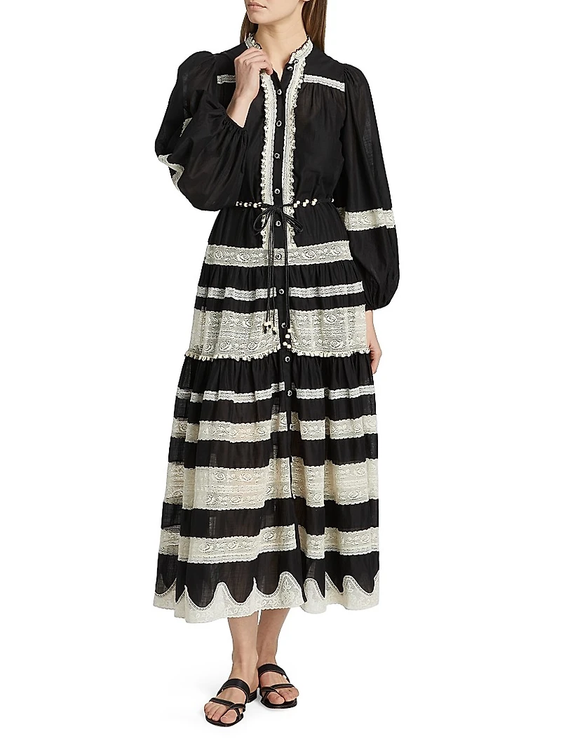 Rhiannon Lace Billow Striped Cotton Maxi Dress
