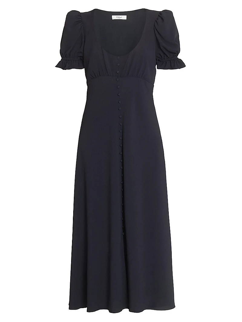 Scoopneck Button-Front Midi-Dress