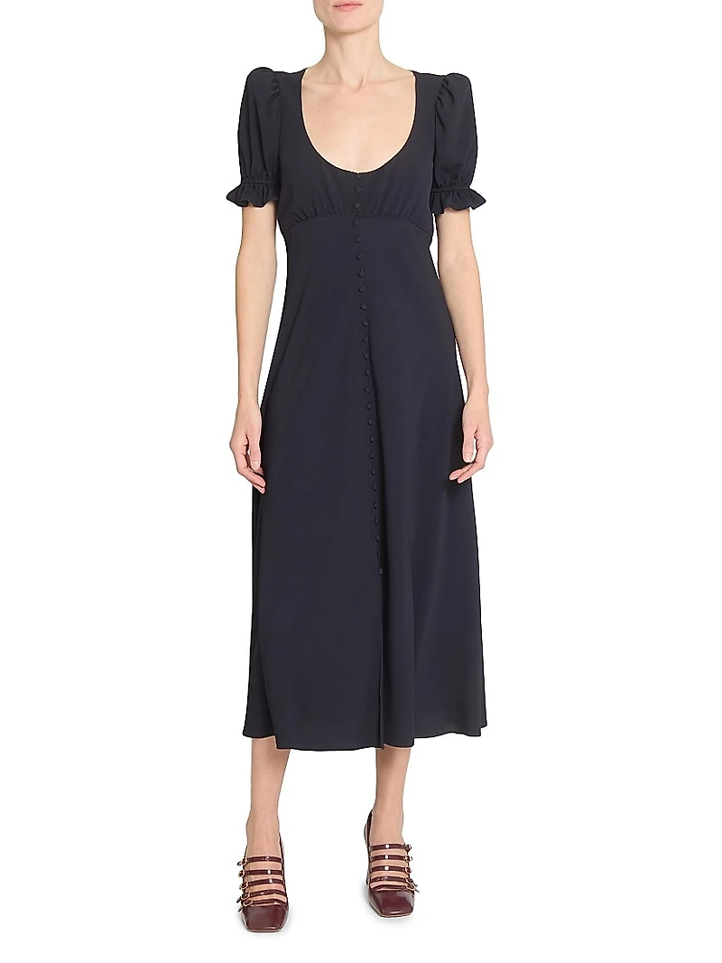 Scoopneck Button-Front Midi-Dress