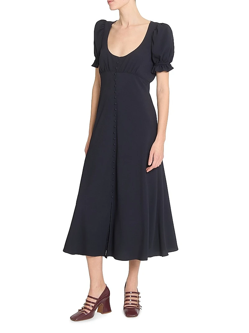 Scoopneck Button-Front Midi-Dress