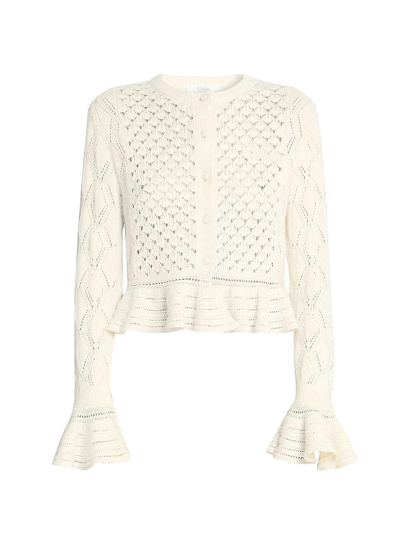 Pointelle Cotton-Wool Peplum Cardigan