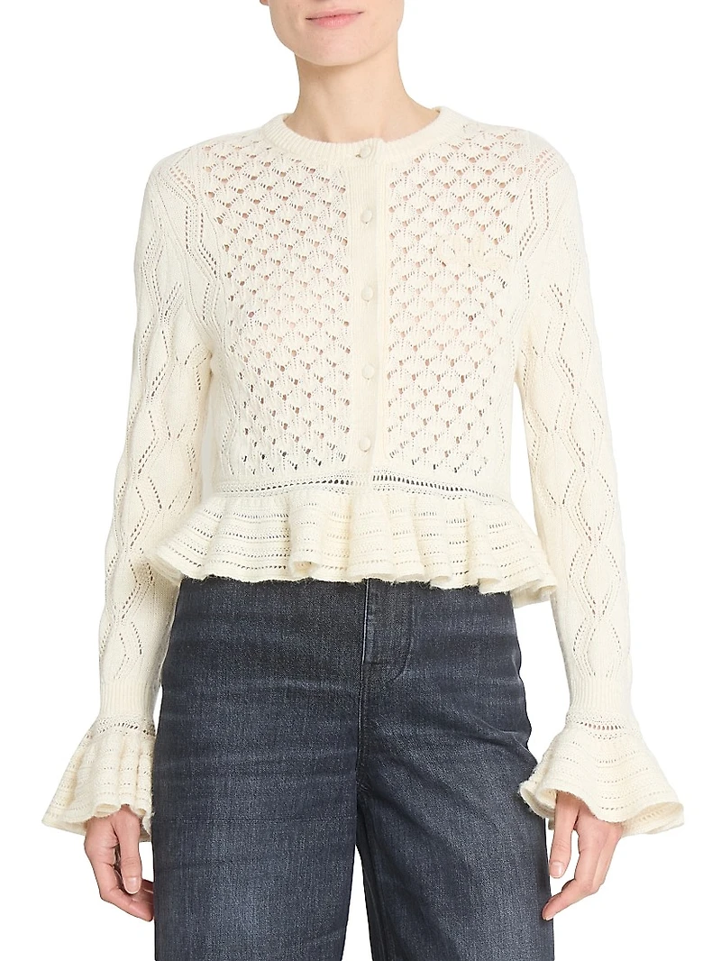 Pointelle Cotton-Wool Peplum Cardigan