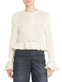 Pointelle Cotton-Wool Peplum Cardigan