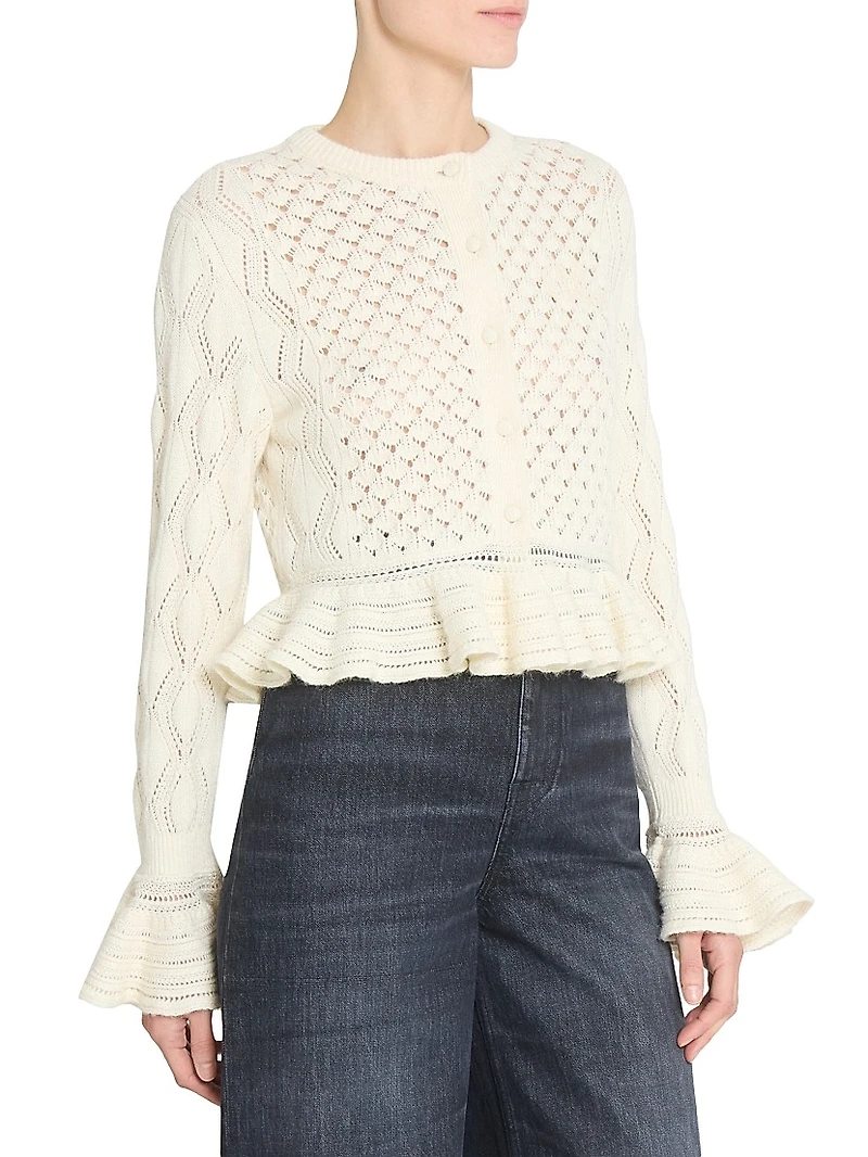 Pointelle Cotton-Wool Peplum Cardigan