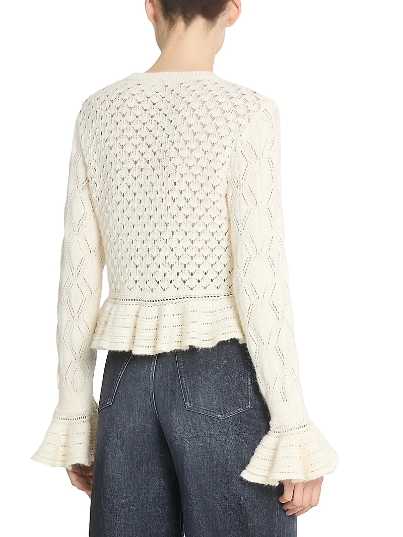 Pointelle Cotton-Wool Peplum Cardigan