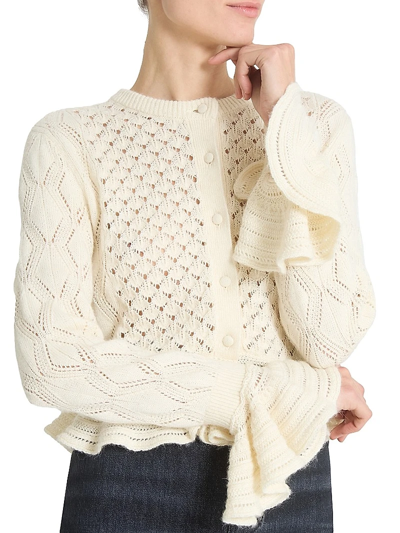 Pointelle Cotton-Wool Peplum Cardigan