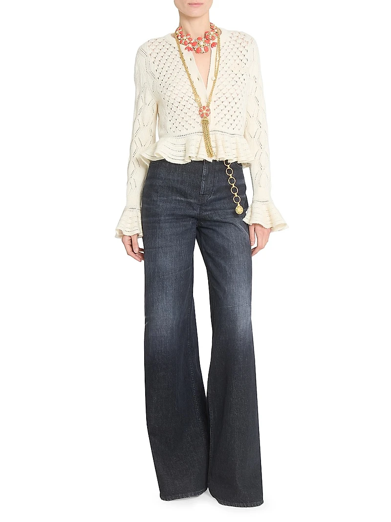 Pointelle Cotton-Wool Peplum Cardigan