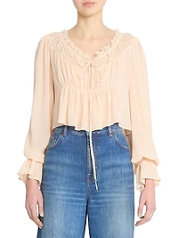 Cropped Silk Lace-Trim Blouse