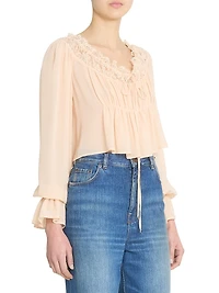 Cropped Silk Lace-Trim Blouse