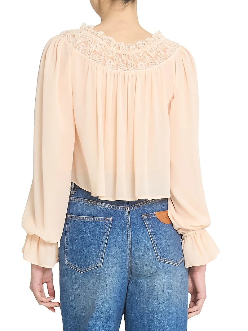 Cropped Silk Lace-Trim Blouse