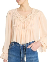 Cropped Silk Lace-Trim Blouse