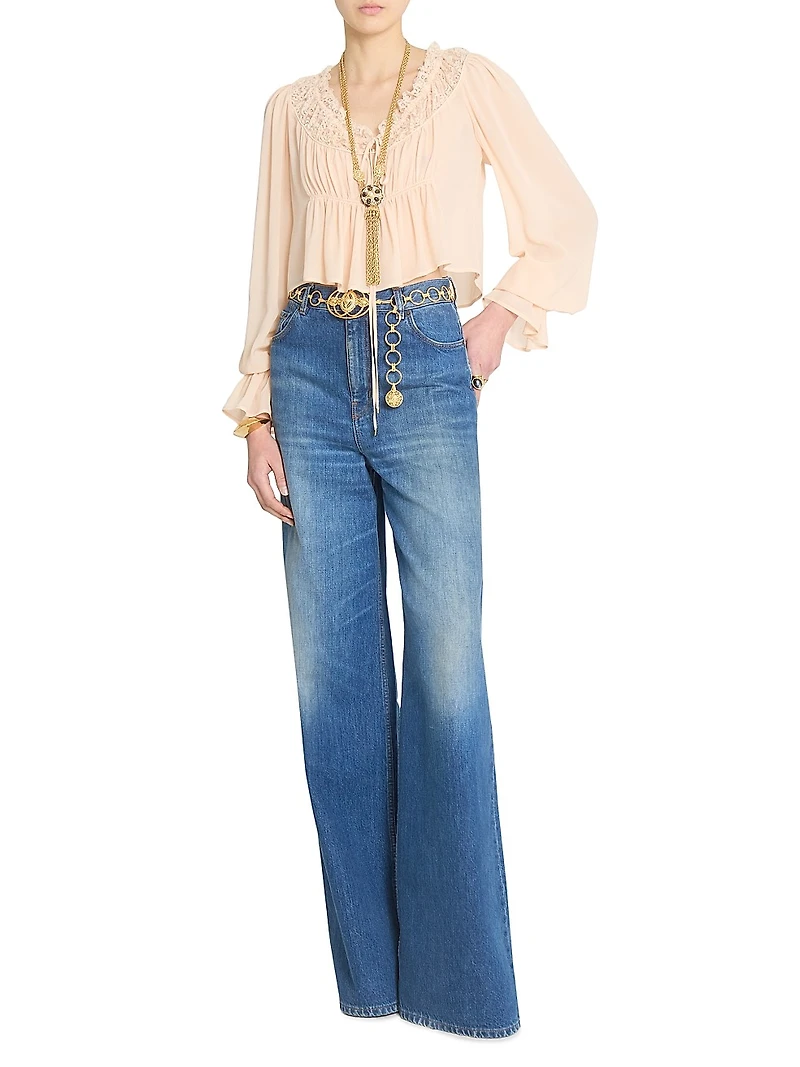 Cropped Silk Lace-Trim Blouse