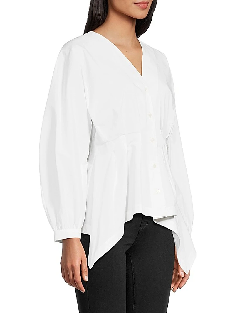 Cotton Poplin V-Neck Pleated Shirt