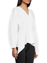 Cotton Poplin V-Neck Pleated Shirt