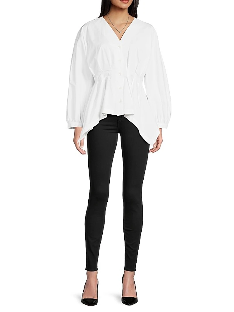 Cotton Poplin V-Neck Pleated Shirt
