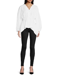 Cotton Poplin V-Neck Pleated Shirt