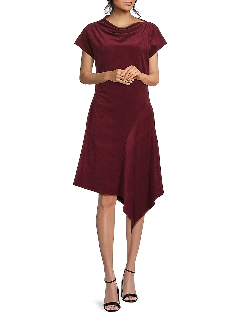 Vegan Luxe Suede Asymmetric Drape Neck Dress