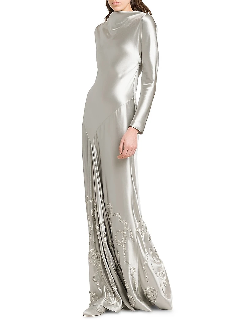 Embellished Satin Bias-Cut Gown