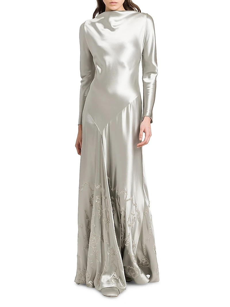 Embellished Satin Bias-Cut Gown