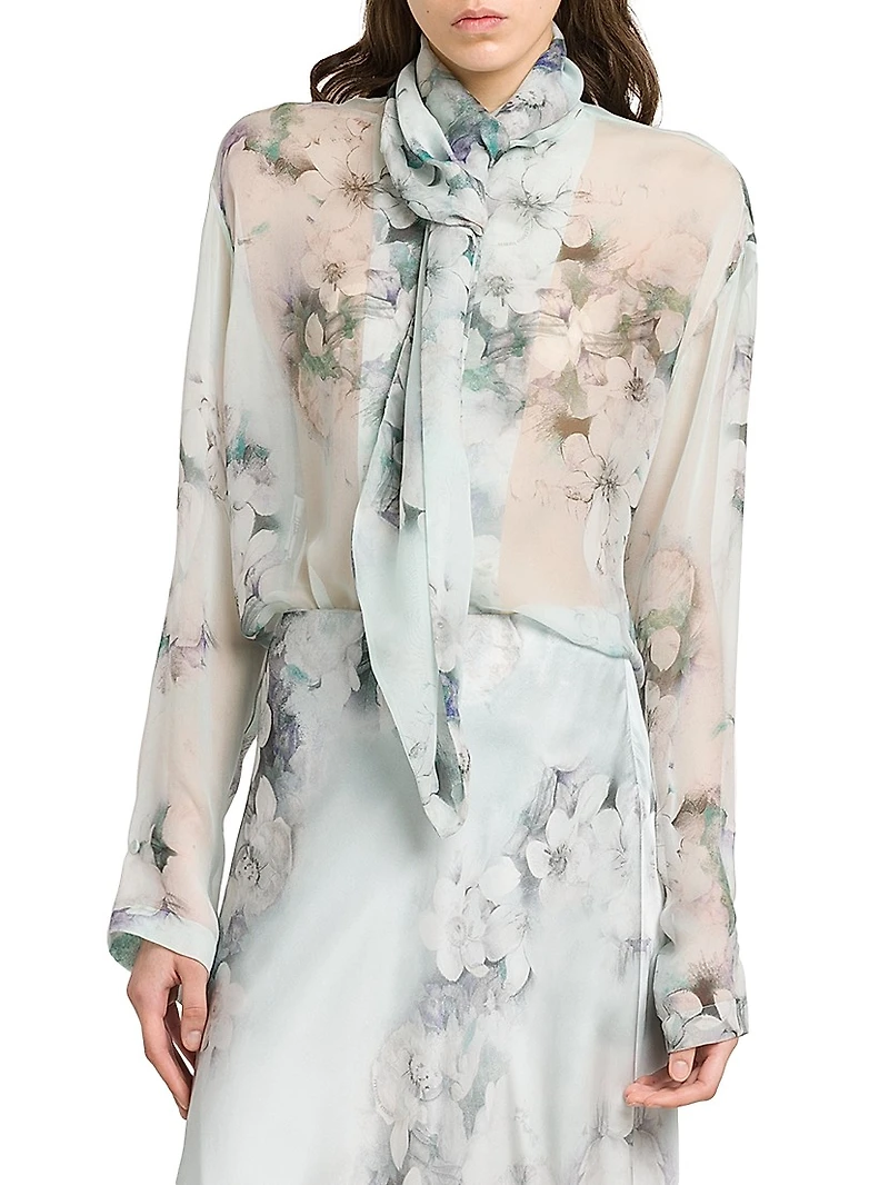 Floral Silk Tieneck Blouse
