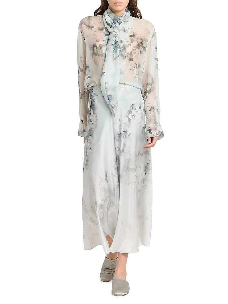Floral Silk Tieneck Blouse