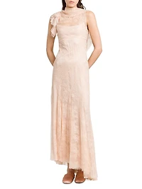Lace Asymmetric Cowlneck Maxi Dress