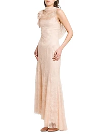 Lace Asymmetric Cowlneck Maxi Dress