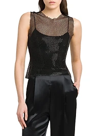 Rhinestone Mesh Round-Neck Top