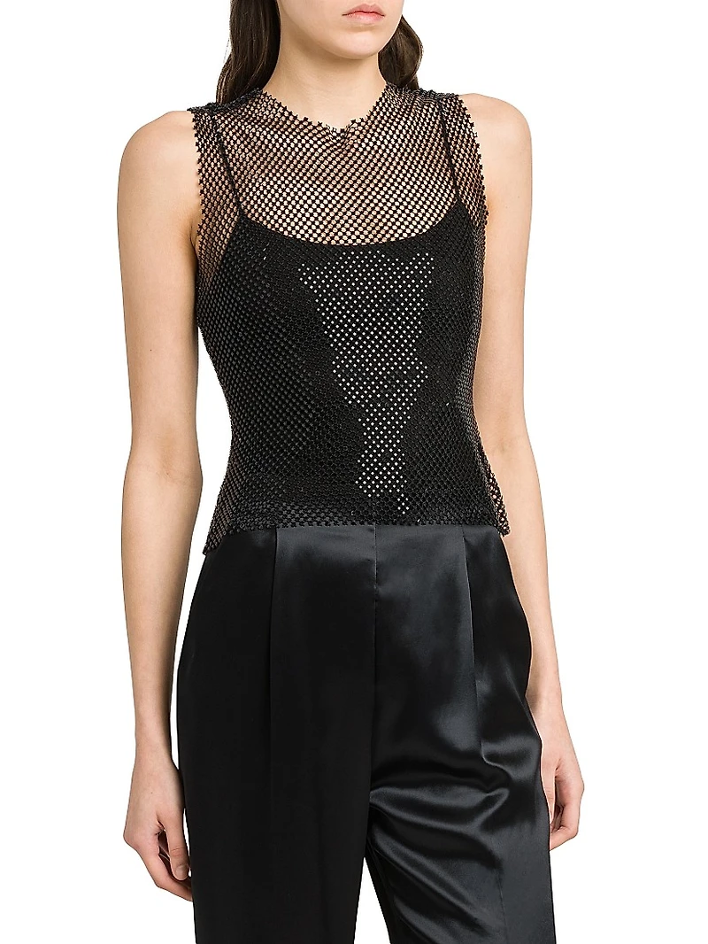 Rhinestone Mesh Round-Neck Top