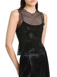Rhinestone Mesh Round-Neck Top