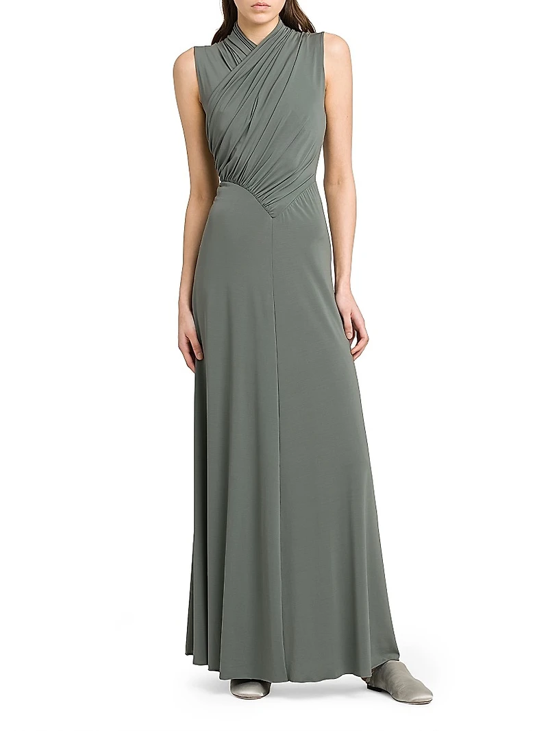 Jersey-Knit Gathered Surplice Maxi Dress