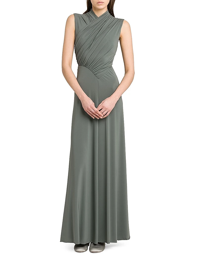 Jersey-Knit Gathered Surplice Maxi Dress