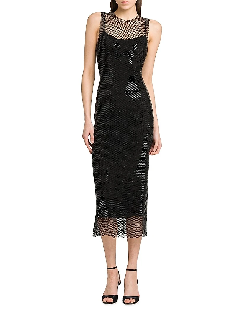 Rhinestone Mesh Round-Neck Midi-Dress