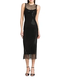 Rhinestone Mesh Round-Neck Midi-Dress