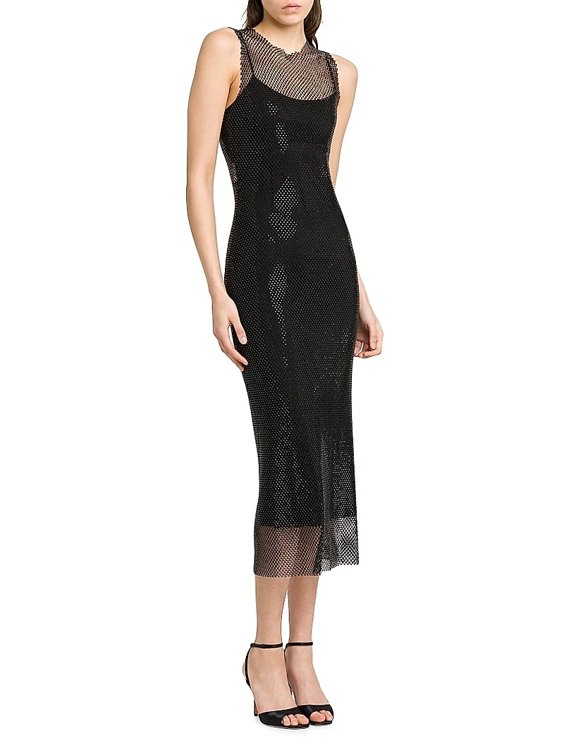 Rhinestone Mesh Round-Neck Midi-Dress